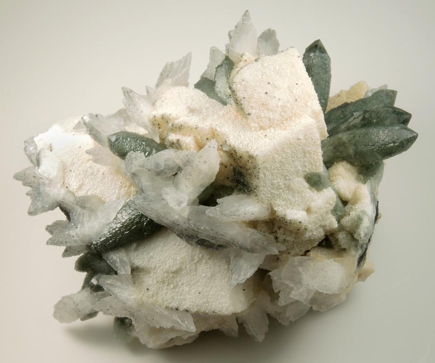 Quartz with Chlorite on Calcite from Naica District, Saucillo, Chihuahua, Mexico