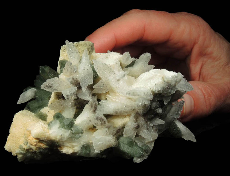 Quartz with Chlorite on Calcite from Naica District, Saucillo, Chihuahua, Mexico