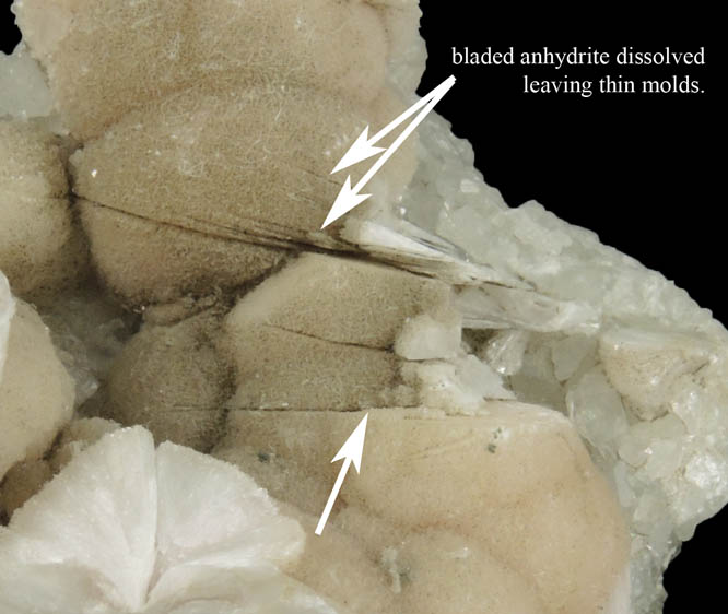 Pectolite on Datolite with molds after bladed Anhydrite from Millington Quarry, Bernards Township, Somerset County, New Jersey