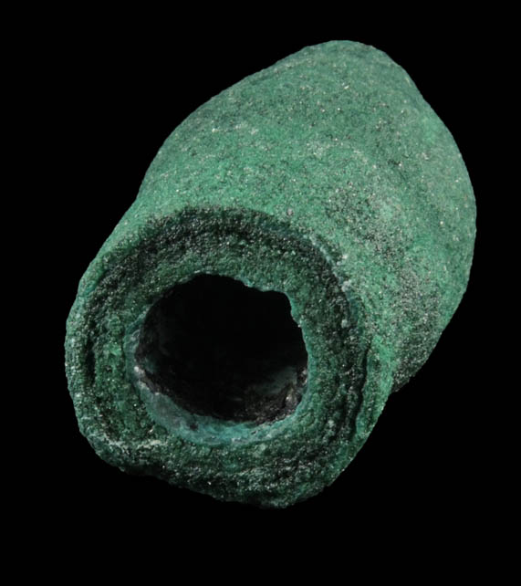 Malachite hollow stalactite from Kolwezi Mining District, 240 km WNW of  Lubumbashi, Katanga Copperbelt, Lualaba Province, Democratic Republic of the Congo