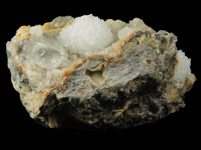 Thomsonite-Ca and Calcite on Chabazite-Ca from Jaquish Road Cut, near Goble, Columbia County, Oregon