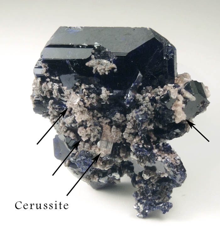 Azurite (twinned crystals) with Cerussite from Tsumeb Mine, Easter Pocket, Otavi-Bergland District, Oshikoto, Namibia