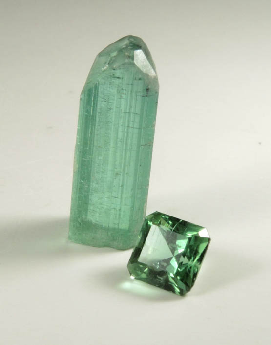 Elbaite Tourmaline crystal (plus faceted gemstone) from Havey Quarry, Poland, Androscoggin County, Maine