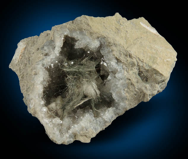 Millerite in Quartz Geode from Wallace Stone Company Quarry, Bay Port, Huron County, Michigan