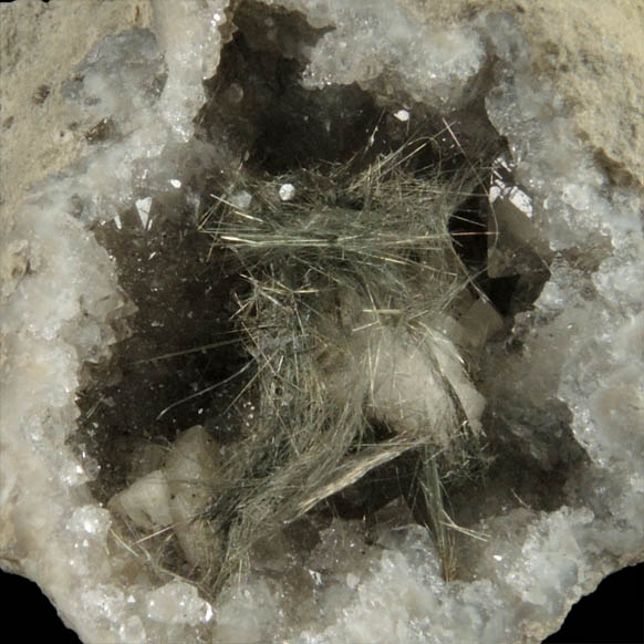 Millerite in Quartz Geode from Wallace Stone Company Quarry, Bay Port, Huron County, Michigan