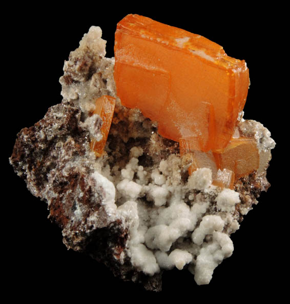 Wulfenite, Hydrozincite, Calcite from Erupcion/Ahumada Mine, Sierra de Los Lamentos, Chihuahua, Mexico