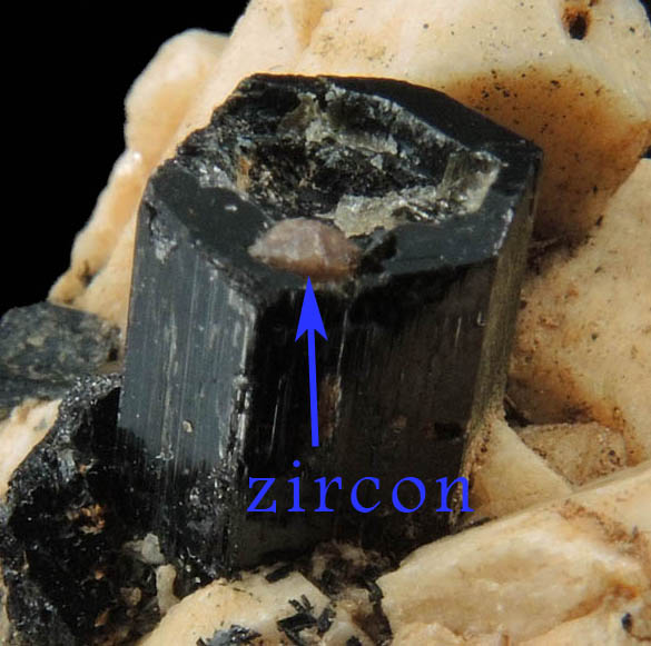 Arfvedsonite (rare terminated crystal) on Microcline with Zircon from Hurricane Mountain, east of Intervale, Carroll County, New Hampshire