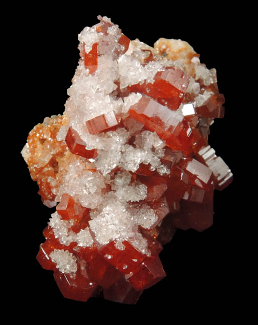 Vanadinite with Calcite over Barite from Mibladen, Haute Moulouya Basin, Zeida-Aouli-Mibladen belt, Midelt Province, Morocco