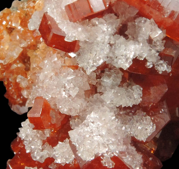 Vanadinite with Calcite over Barite from Mibladen, Haute Moulouya Basin, Zeida-Aouli-Mibladen belt, Midelt Province, Morocco