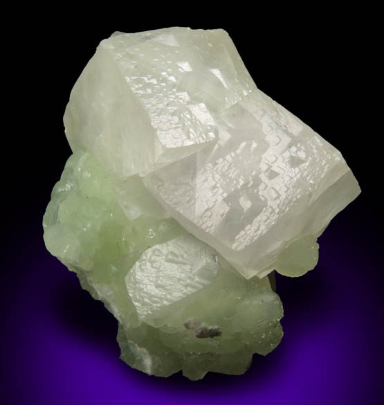 Calcite (interpenetrant-twinned crystals) on Prehnite from Millington Quarry, Bernards Township, Somerset County, New Jersey