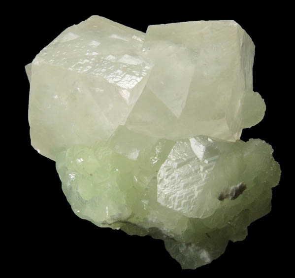 Calcite (interpenetrant-twinned crystals) on Prehnite from Millington Quarry, Bernards Township, Somerset County, New Jersey