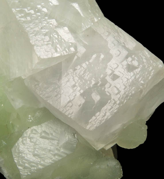 Calcite (interpenetrant-twinned crystals) on Prehnite from Millington Quarry, Bernards Township, Somerset County, New Jersey