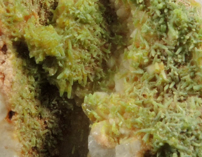 Pyromorphite over Quartz from Manhan Lead Mines, Loudville District, 3 km northwest of Easthampton, Hampshire County, Massachusetts