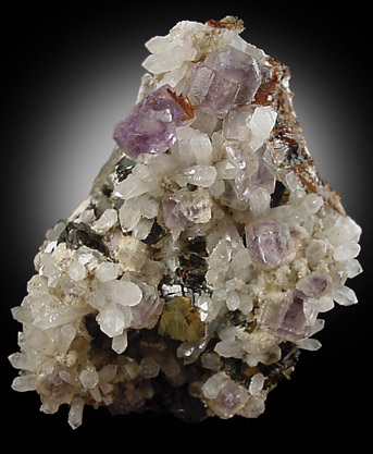 Fluorite and Chalcopyrite on Quartz from Dalnegorsk, Primorskiy Kray, Russia