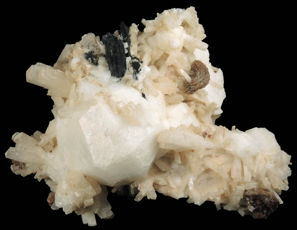 Analcime, Natrolite, Rhodochrosite, Aegirine from Poudrette Quarry, Mont Saint-Hilaire, Qubec, Canada