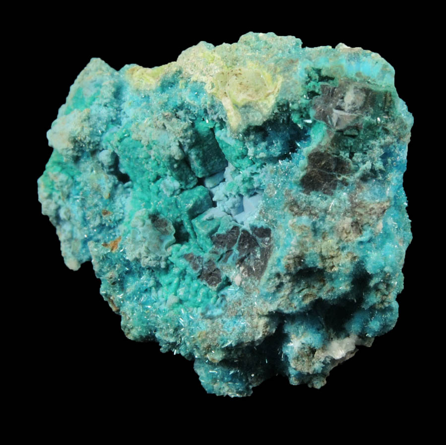 Caledonite, Linarite, Cerussite, Brochantite, Chrysocolla from Scar Vein, Leadhills, South Lanarkshire, Scotland (Type Locality for Caledonite)