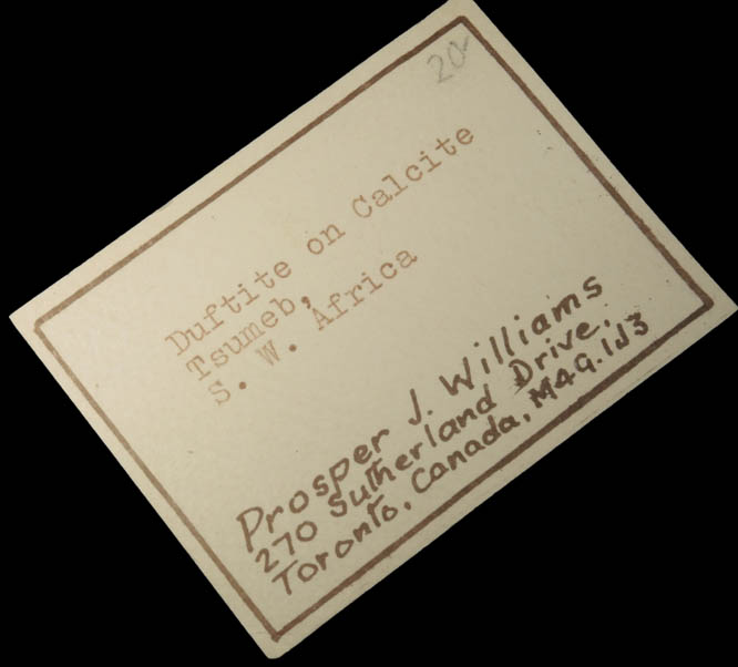 Calcite with Duftite overgrowth from Tsumeb Mine, Otavi-Bergland District, Oshikoto, Namibia (Type Locality for Duftite)